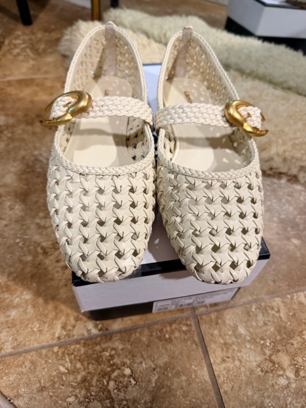 Larroude Ivory Woven Mary Jane Flats with Gold Buckle Verona NEW leather